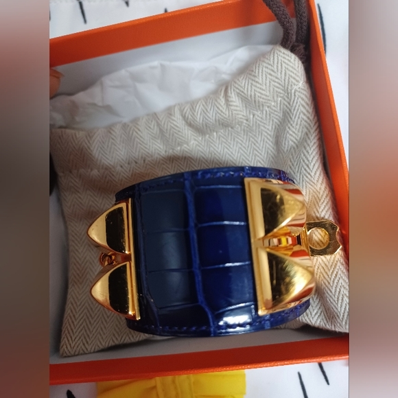 Authentic Hermes Collier de Chien Mississippi Blue Croc Alligator Cuff - Picture 2 of 16